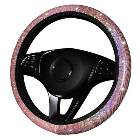 AkoaDa Car Bling Steering Wheel Cover for Women Girls, 15 Inch Universal Colorful Crystal Rhinestone Diamond Rainbow Anti-Slip Wheel Protector(Pink)