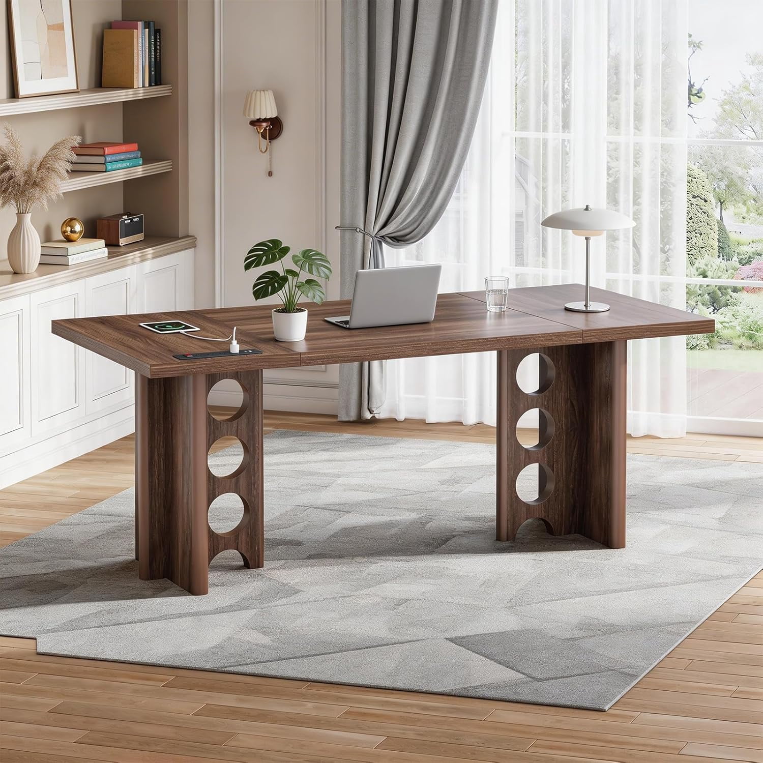 63 Inch Executive Desk with Power Outlet, Modern Computer Office Desks, Large Laptop Desk Writing Table Workstation Business Furniture for Home Office, Brown