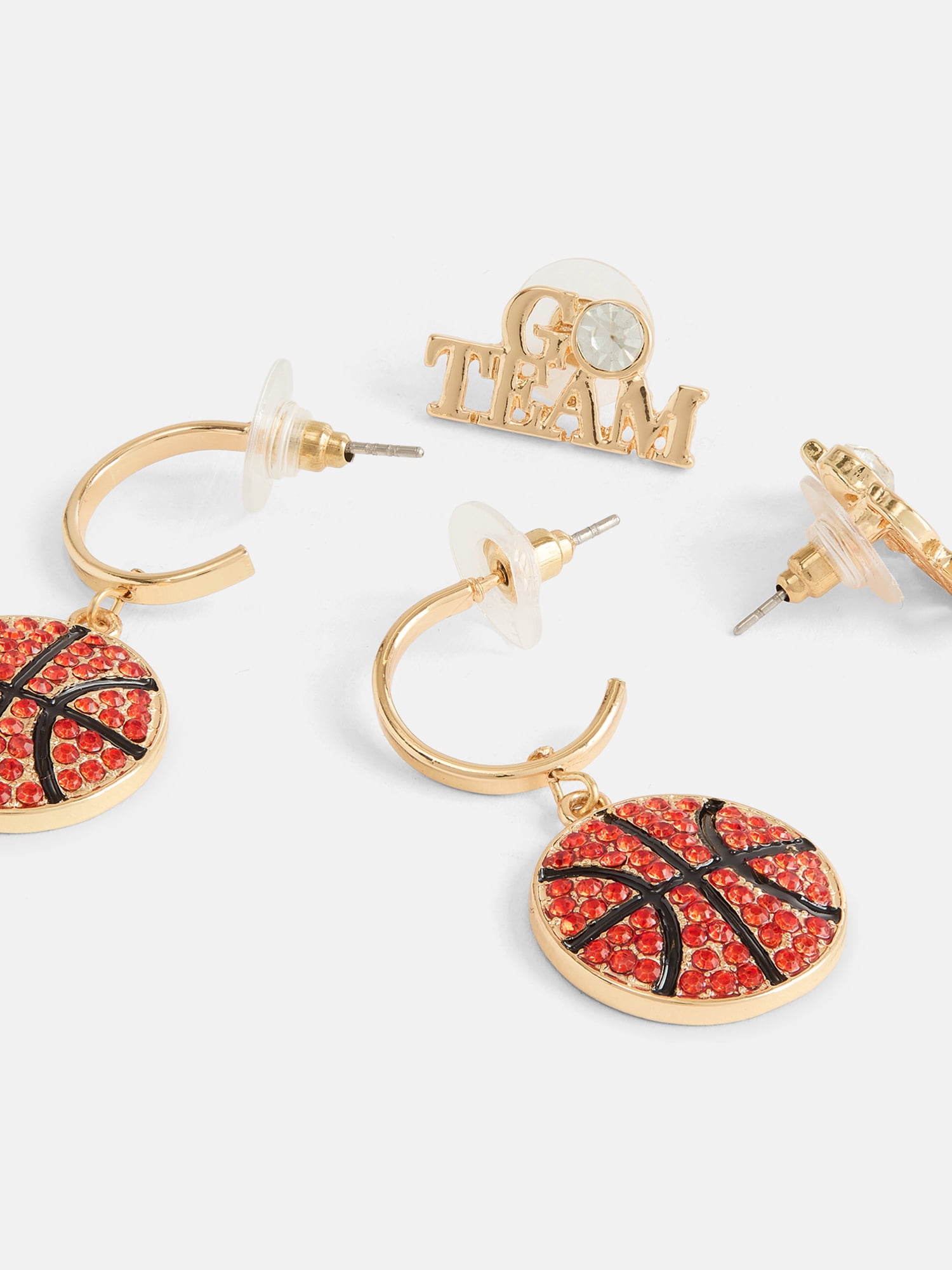 No Boundaries Women's Gold Tone Game Day Studs and Basketball Hoop Earrings Set, 2 Pairs