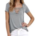 thumbnail image 2 of Camiseta con cordones y ojales para mujer, blusa de manga corta con cuello en V a la moda de Color puro de verano para el trabajo, 2 of 5