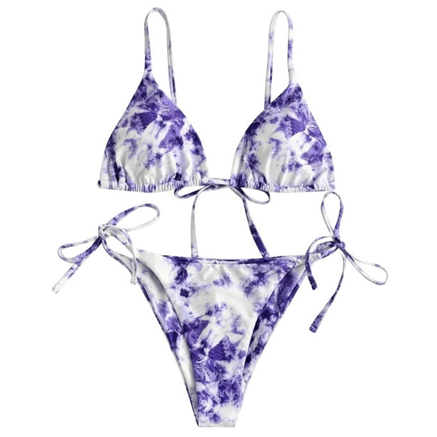 Gibobby Conjunto de traje de baño de bikini Sexy Leg High Lace Set Traje de baño Estampado Bikini Tie-Dye Piece Mujer Cortar Dos trajes de baño Tankinis (Morado,CH)