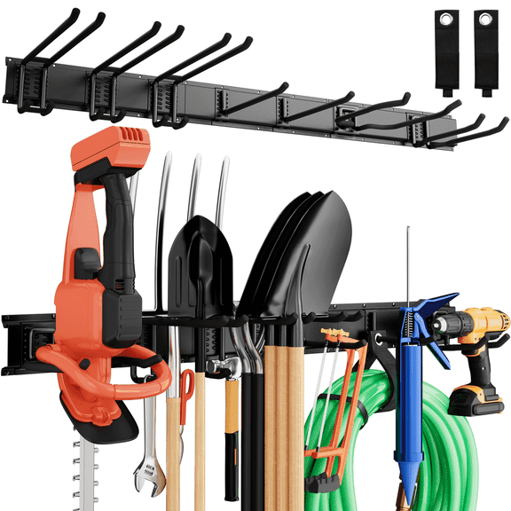 Garage Tool Organizer Wall Mount Yard Tool Organizer with 7 Adjustable Hooks,Heavy Duty Metal Garden Tool Storage Rack, Holds Up to 450 lbs