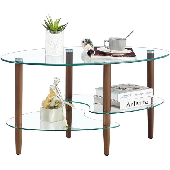 Oval Coffee Table with Storage - Modern 3-Layer Glass Table for Living Room (Brown)