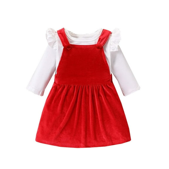 ZACPNCV Toddler Baby Girl Fall Outfit Long Sleeve T-Shirt and Dress Overall with One Pocket Clothes Sets Red 2-3 Years