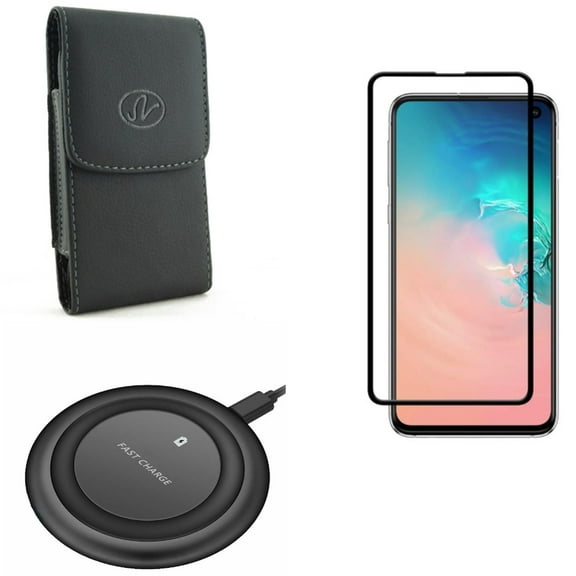 Galaxy S10e Screen Protector w Case Belt Clip w Wireless Charger - Tempered Glass 5D Curved Edge, Leather Holster Cover, Fast 7.5W and 10W Charging Pad for Samsung Galaxy S10e Phone