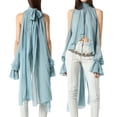 thumbnail image 2 of Women'S Chiffon Blouse Asymmetrical Tops Split Sleeve Sheer Flowy Mock Neck Halter Top Blue S, 2 of 7