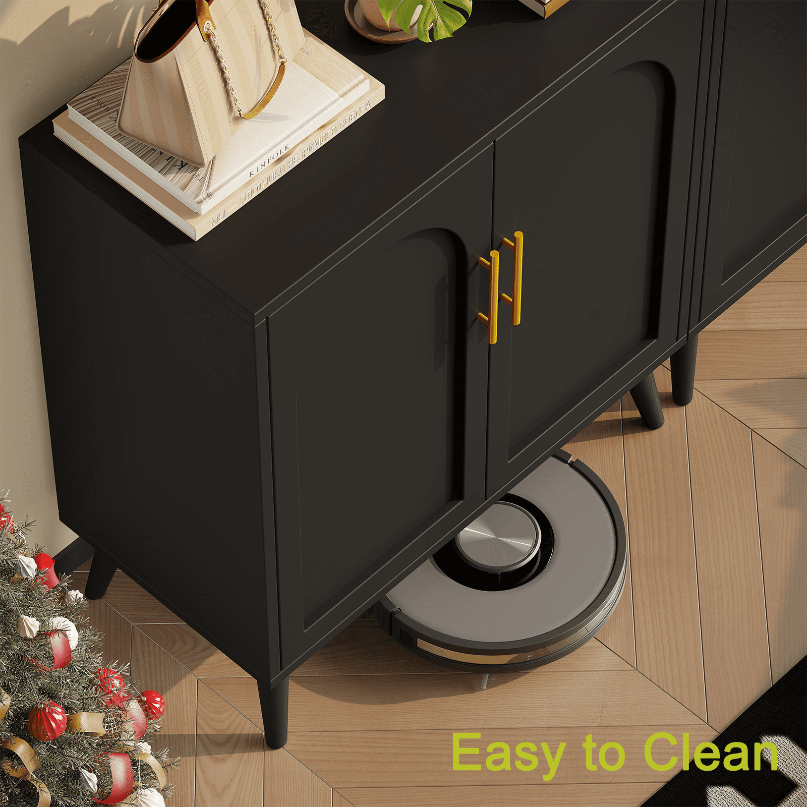 Rovaurx Set of 2 Storage Cabinet with 4 Doors, Accent Bathroom Floor Cabinet, Modern Sideboard Buffet Cabinet for Living Room, Entryway, Dining Room and Kitchen, Black
