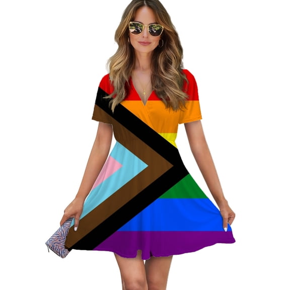 Pride Flag Women Dress V-Neck Short Sleeve Flowy Swing Party Midi Dress