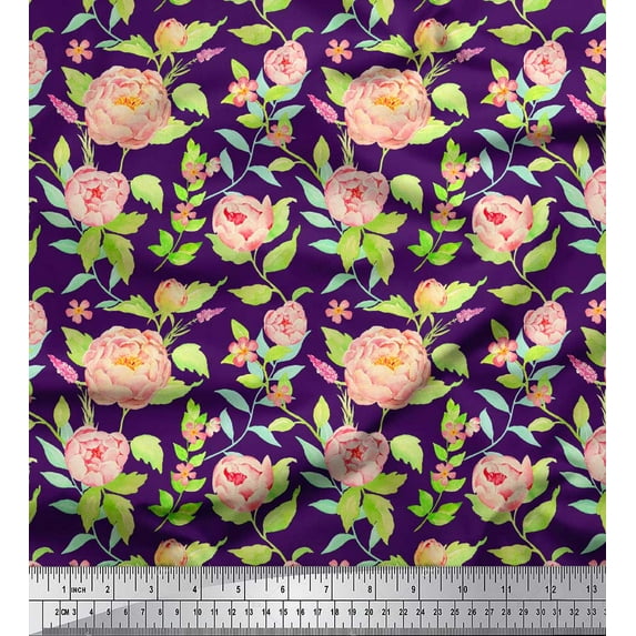Soimoi Purple Moss Georgette Fabric Leaves & Peony Floral Fabric Prints By Yard 42 Inch Wide