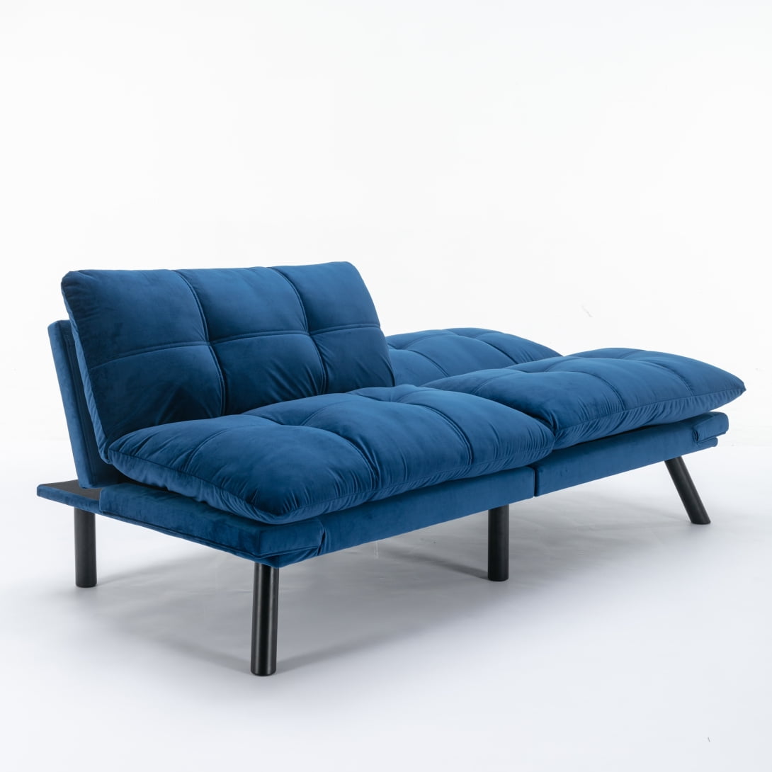 Convertible Futon Sofa Bed, 4 in 1 Sleeper Futon Couch Bed with Adjustable Armrest & Backrest, Memory Foam Futon Sofa Loveseat Sofa Bed in Velvet, Small Sofa for Living Room, Office, Apartment, Blue