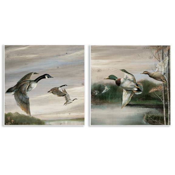 Stupell Industries Geese & Ducks in Nature Animals Painting Unframed Art Print Wall Art, 12 x 12, Set of 2