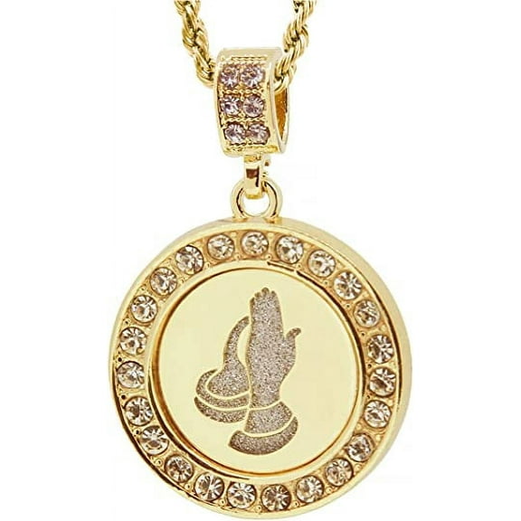 Gold Tone Round Cut Out Praying Hands Pave Pendant 24" Rope Chain #2027