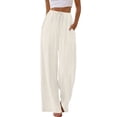 thumbnail image 6 of Flowy Palazzo Pants for Women with Pockets Casual Wide Leg Pants Lounge Cruise Beach Vacation Clothes Uncuffed Elastic Waist Boho Trousers, Beige, 30" Inseam, S, 6 of 7