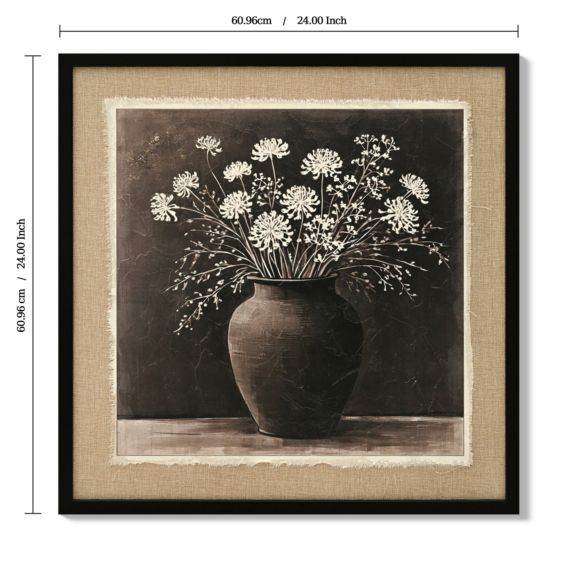 Euroco 24x24inch Vintage Abstract Flower Bouquet Wall Art, Nature Framed White Flower in a Rustic Clay Pot Painting Blossom Picture Prints on Linen for Bedroom Office