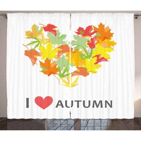 - Quote Curtains 2 Panels Set, Colorful Seasonal Maple Leaves Collection in Heart Shape with I Love Autumn Message, Window Drapes for Living Room Bedroom, 108W X 96L Inches, Multicolor, by Ambesonne