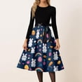 thumbnail image 2 of LWavelet Women's Long Sleeve Fit-and-Flare Dress, Cute Cartoon Bunny Print with Satin Bow Belt for Casual & Easter Outfits Dark Blue 4XL, 2 of 4