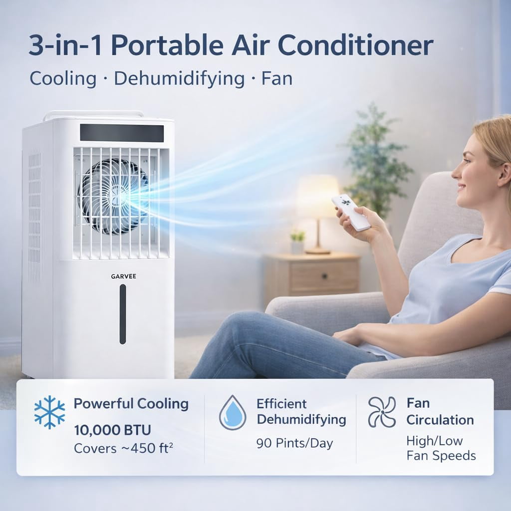 2.6Gal Portable Air Conditioners, 3-in-1 Swamp Cooler with HEPA Filter, Remote Control, 6 Speeds & 3 Modes, Quiet Operation for Rooms Up to 450 Sq Ft, 24-Hour Timer, 360° Swivel Casters