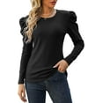 thumbnail image 1 of Long Sleeve Pleated Splicing Round Neck Waffle Top Woman, 1 of 6