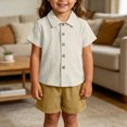 thumbnail image 6 of BLVB Baby Boy Girl Summer Clothes Toddler Infant Cotton Linen Short Sleeve Button up Dress Shirt Pocket Shorts Set 2PCS Outfit(Beige,3-4 Years), 6 of 6