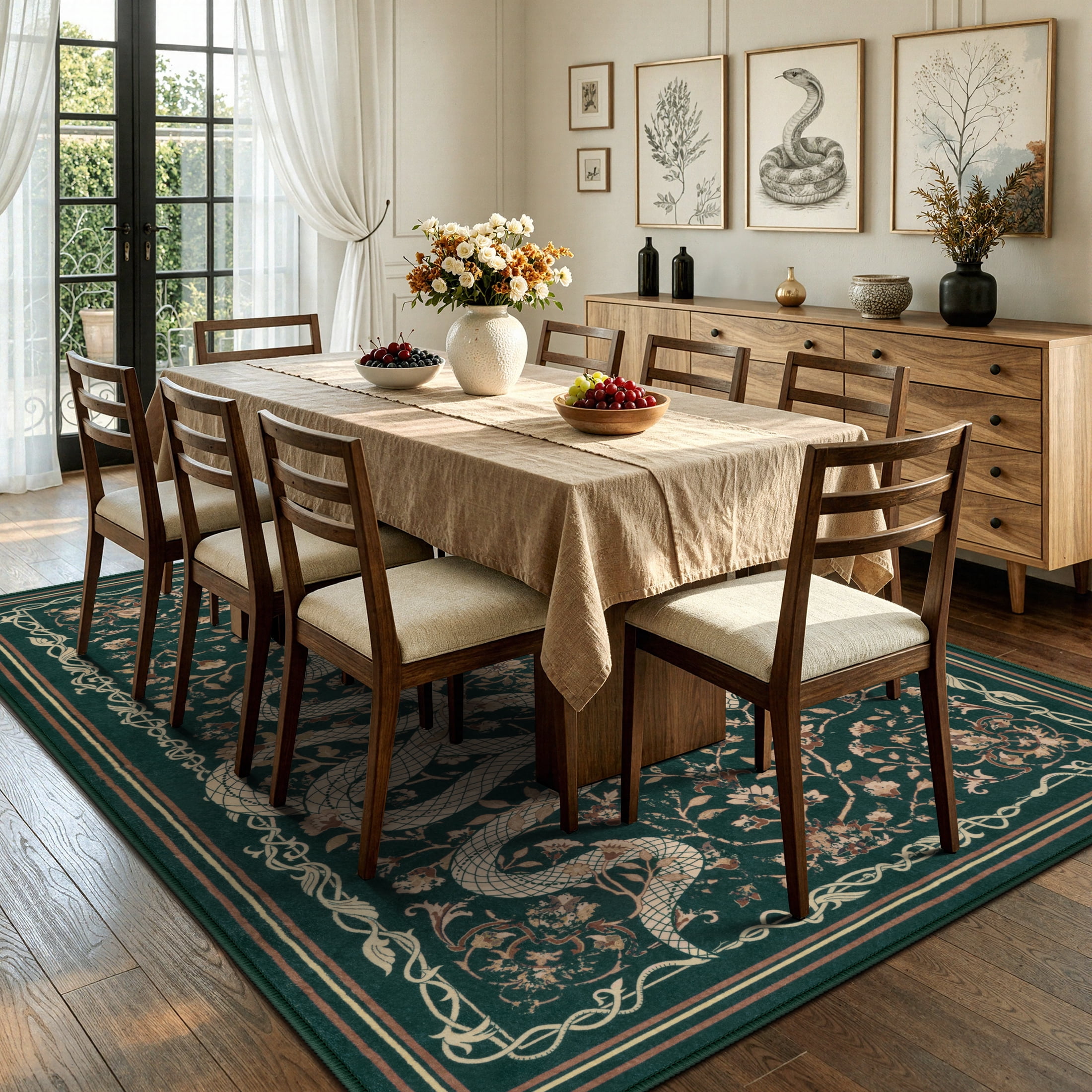 Moynesa Vintage Snake 8'x10' Large Area Rug for Living Room, Washable Green Floral Rug Cottage Botanical Accent Carpet for Bedroom Dining Room Sunroom Non Slip Stain Resistant Low Pile