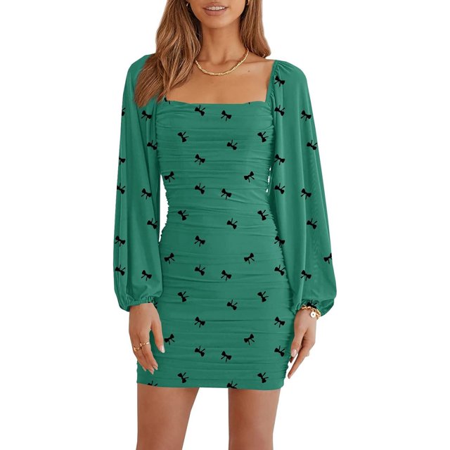 HAHDAXIA Robe Courte Moulante pour Femme en Maille à Manches Longues, Encolure Carrée, Froncée, pour Fête, Boîte de Nuit, Cocktail