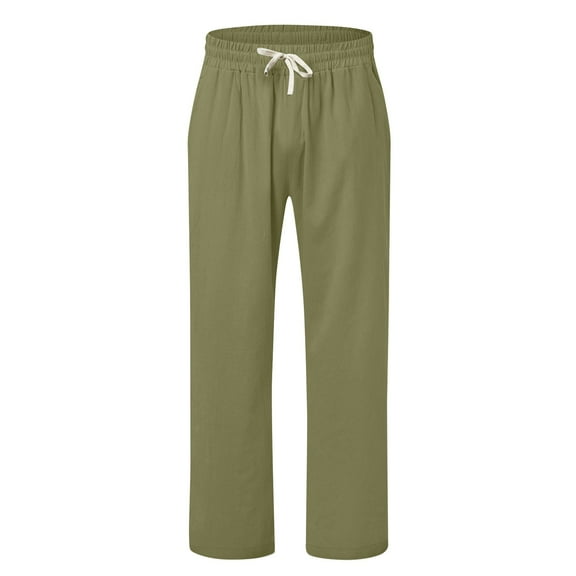 Mens Linen Pants Elastic Waist Lightweight Summer Pants Casual Beach Straight-Legs Linen Trousers with Pockets Army Green 3XL