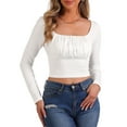 thumbnail image 1 of INSPIRE CHIC Top Corto de Cuello Cuadrado para Mujer, Camiseta Ajustada de Manga Larga con Fruncidos, Color Blanco, Talla M, 1 of 1
