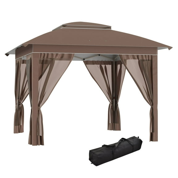 12x12 Pop Up Canopy Sun Shade - Instant Tent with Mesh Sidewalls - Adjustable Height - Khaki