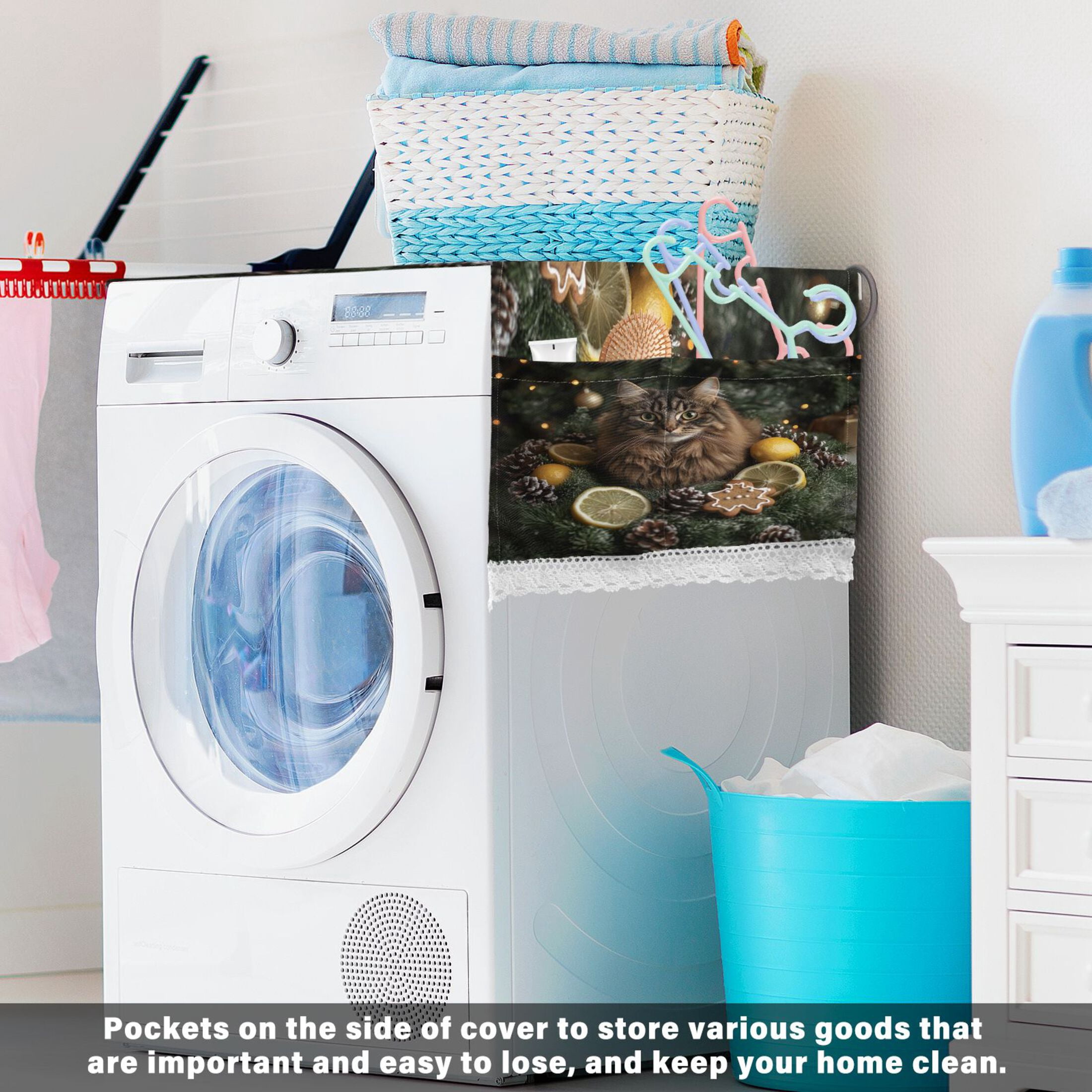 A Fluffy CatWasher and Dryer Covers Dust-Proof and Oil Resistant Fridge Cover with 4 Storage Pockets Washing Machine Top Cover for Laundry Kitchen Home 51.2 x 22 In