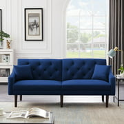 Futon Sofa Sleeper, Modern Velvet Sofa Bed Couch with 2 Pillows, 3 Reclining Angles for Backrest Solid Wood Legs, Tufted Upholstered Loveseat Sofa for Living Room Bedroom Small Apartment, Blue