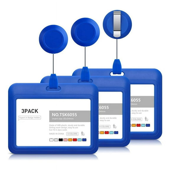 Retractable Badge Holders, Plastic Sliding ID Badge Holder with Retractable Badge Reel Clips, 3 Pack Horizontal Blue