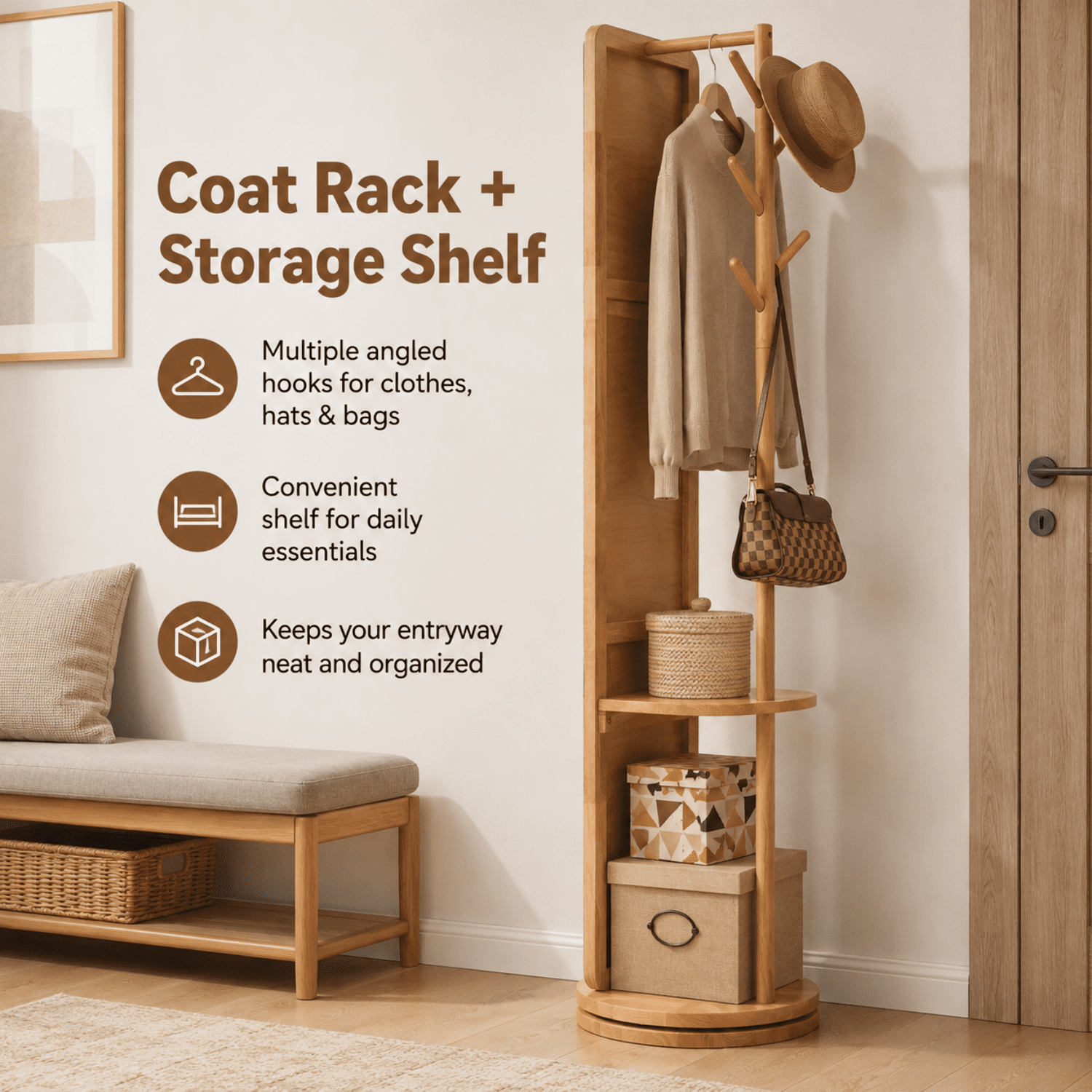 Miniyam Full Length Mirror with Coat Rack and Storage, 68.9" x 15.75" 360° Rotating Solid Wood Standing Mirror for Bedroom and Entryway, Natural