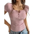 thumbnail image 2 of Women'S Summer Short Sleeve U Neck T Shirts Casual Ribbed Button Henley Knit Tops Blouse Pink M, 2 of 9