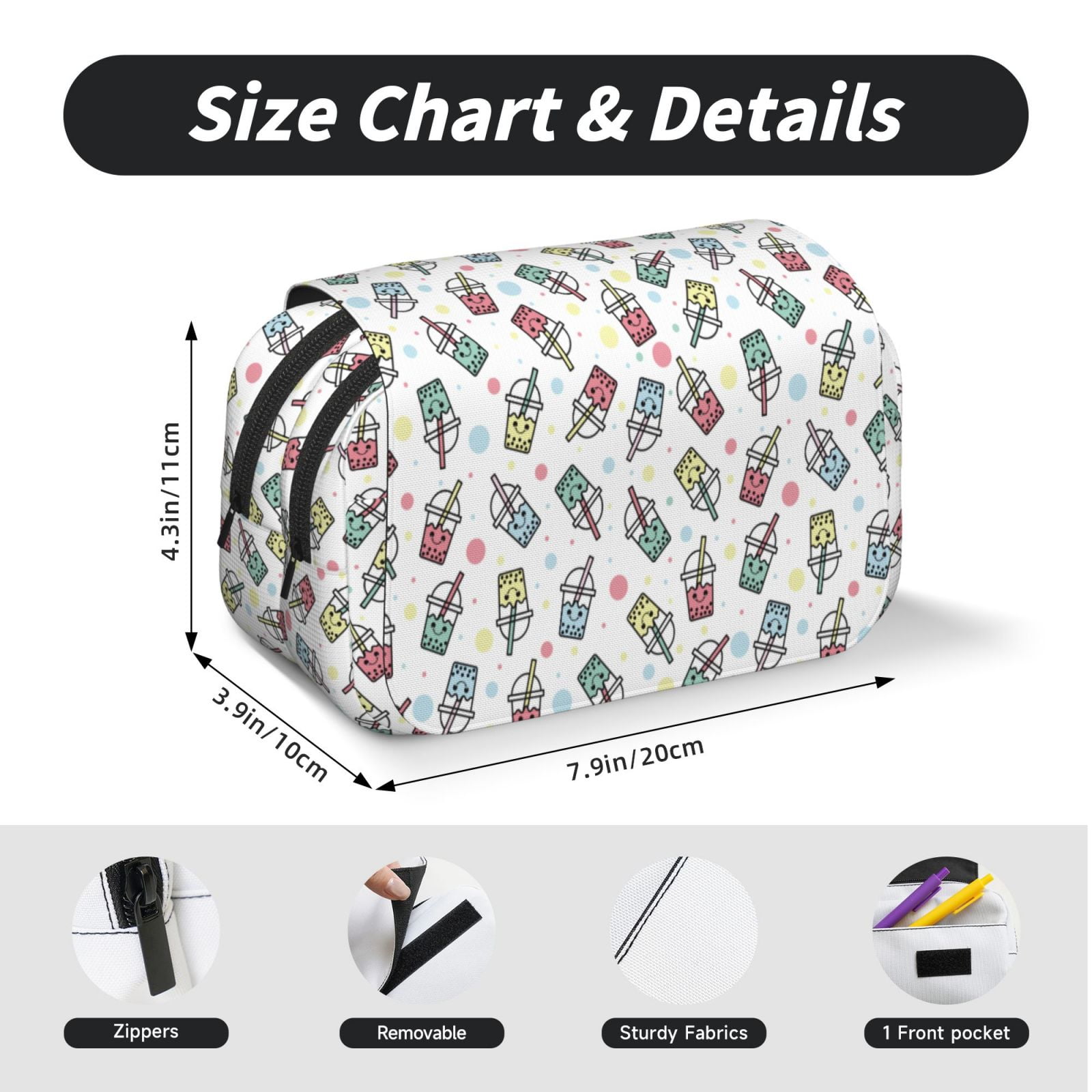 Rateoe Milk Tea2 Pattern Double Clamshell Pen Case, Storage Organizer with Two Zipper Compartments– Holds Up to 50 Pencils & Pens