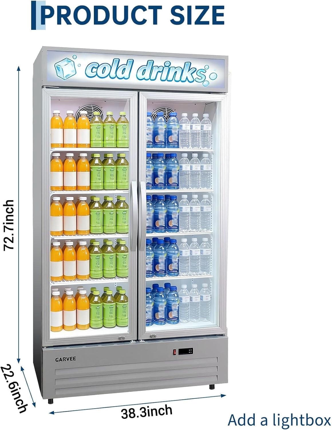 34.8 Cu.ft Commercial Beverage Fridge, Double Glass Door Display Refrigerator with Adjustable Shelves, Customizable LED Lightbox & Frost-Free System, Beverage Cooler for Restaurant Bar Store, Silver