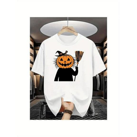 Halloween Witch Jack O Lantern Graphic Tee T Shirt Tops Comfortable Short Sleeve Round Neck White S-5XL