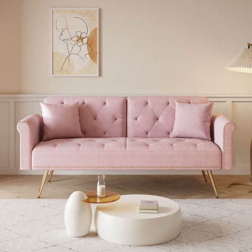 MAYEERTY Convertible Sofa Bed, Loveseat Sofa with Matching Pillows, Velvet Upholstered for Living Room Nooks, Pink