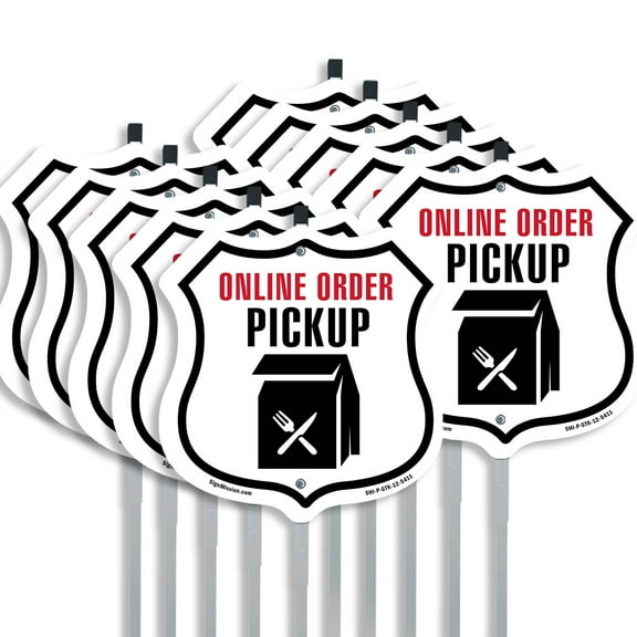Online Order Pickup (10 Pack) 12 inch X 12 inch Shield Shaped Rust-Free Aluminum Metal Signs with Aluminum Mounting Stakes Weather Resistant Made in the USA