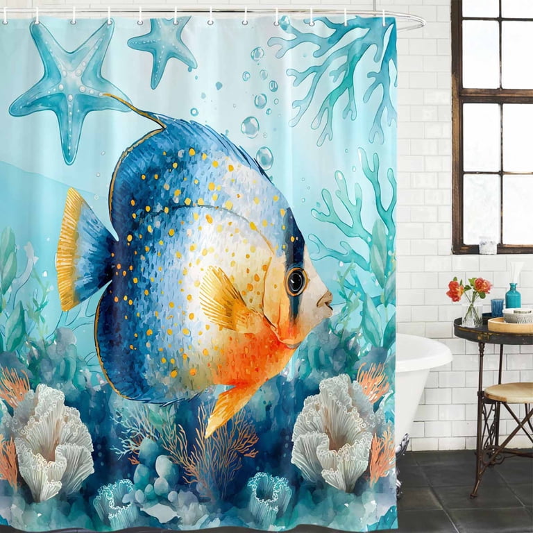 blue fish shower curtain hooks CandyGrid Hooks, Decorative Shower Curtain -12PCS It is designed to fit standardized bath tubs Underwater Reef Shower Curtain |