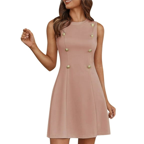 hotojiny Formal Dresses for Women Summer Sleeveless Button Elegant Mini Dresses Slim Crew Neck A-Line Flowy Cocktail Dresses