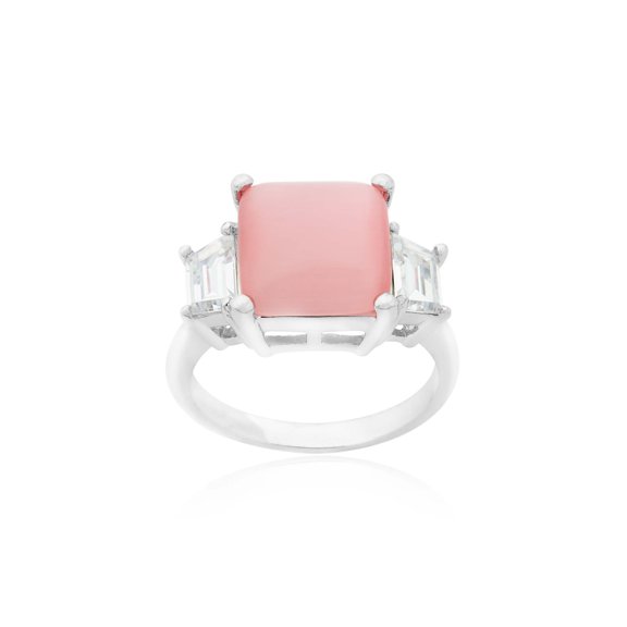 Pink Cat's Eye Statement Ring with CZ Accents - Size 5 Jewelry Ring Silver
