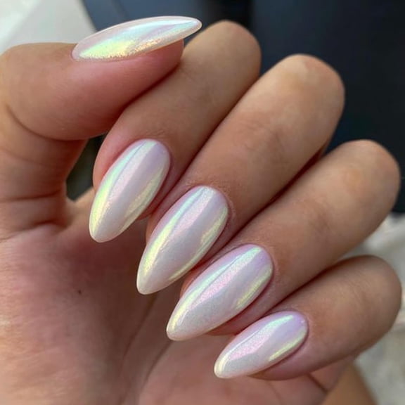 Press on Nails Medium Almond, Spring Summer Handmade White Pearl Mermaid Chrome Gel Glue on Nails, 24Pcs Glazed Donut Glossy Short Stiletto Fake Nail Acrylic False Nails Kits for Women Gift