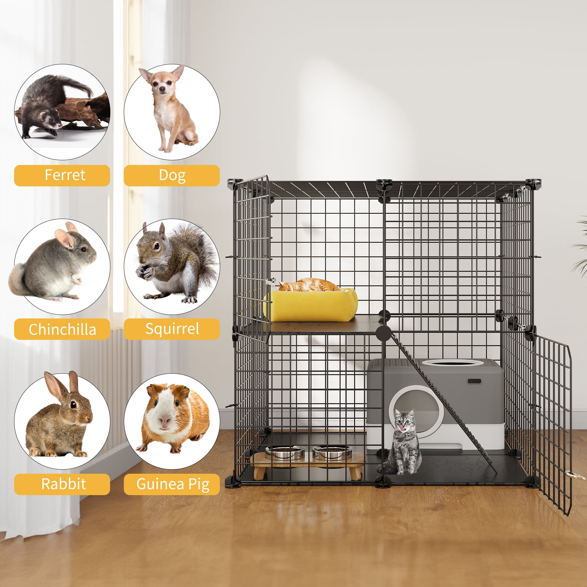 Uforic 2-Tier Cat Cage,Indoor Pet Cage,DIY Pet Playpen Metal Kennel for 1-2 Cats, Ferrets, Chinchillas, Kittens,Travel and Camping,28"L x 28"W x 28"H,Black