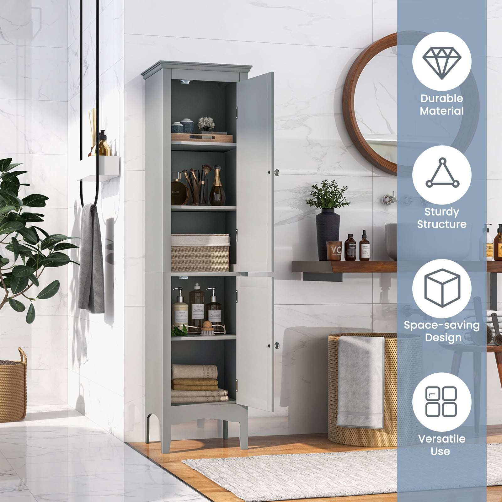 Topbuy Freestanding Bathroom Storage Cabinet Tall Narrow Storage Cabinet with 1 Adjustable Shelf 1 Drawer and 2 Doors Gray