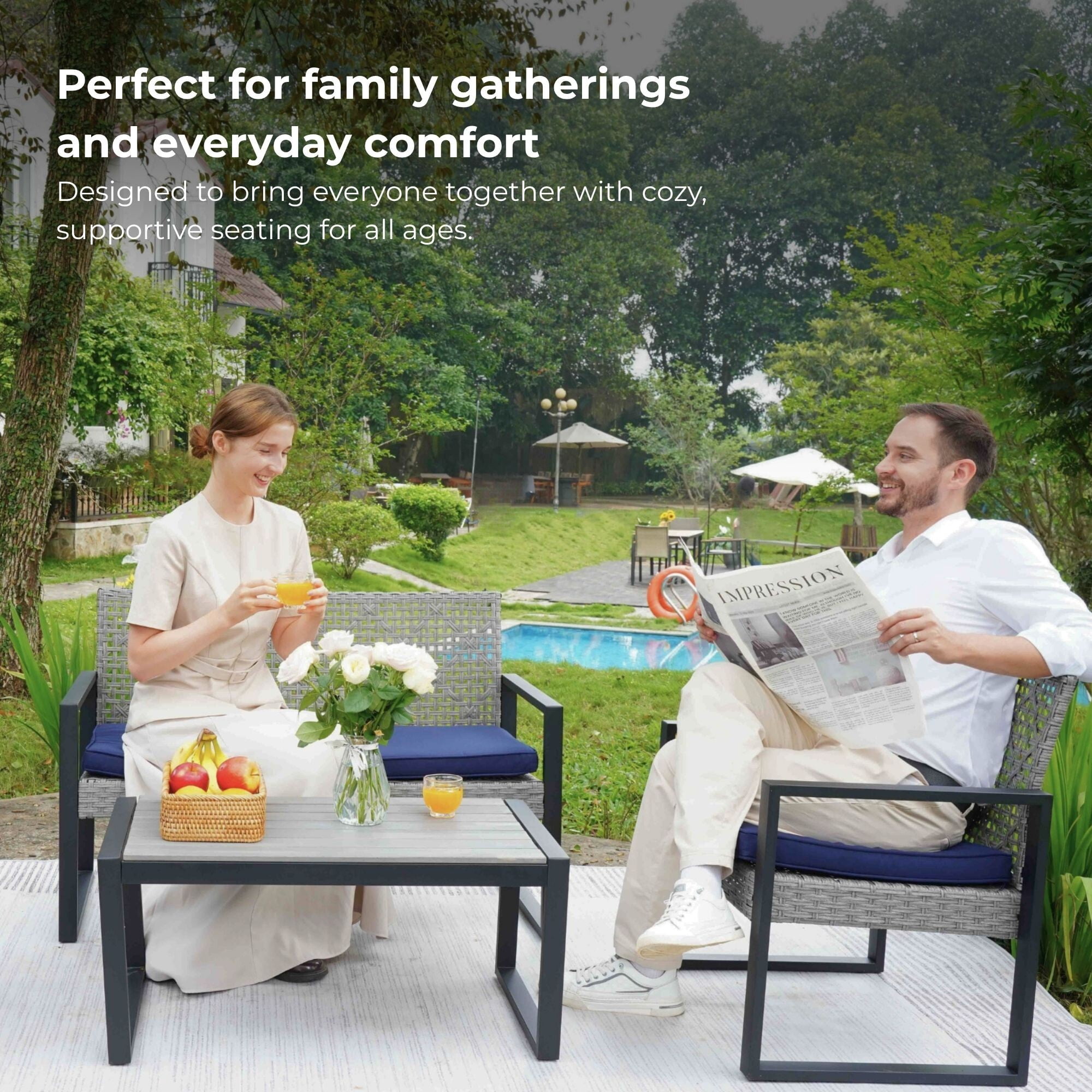 AENKYO 4-Piece Patio Sectional Set with Cushions, Modern Rattan Outdoor Sofa & Acacia Wood Table for Backyard, Gray
