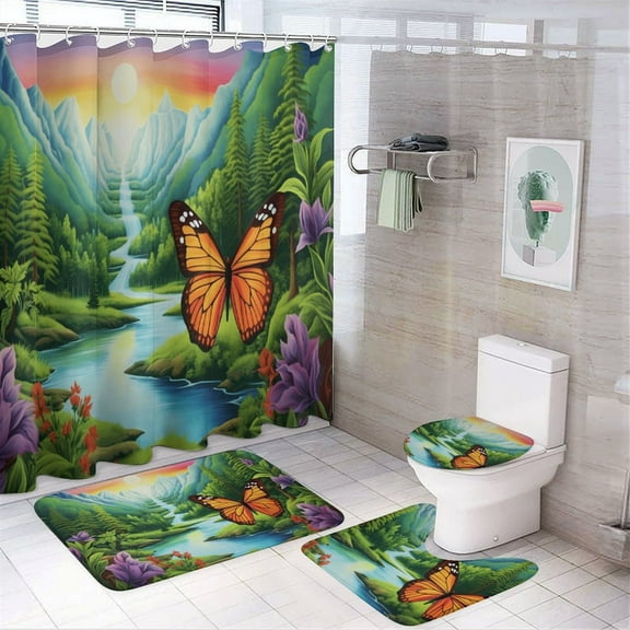 Landscape Butterfly Bathroom Sets with Shower Curtain And Rugs, Incl with 12 Hooks,Toilet Lid Oval Rug