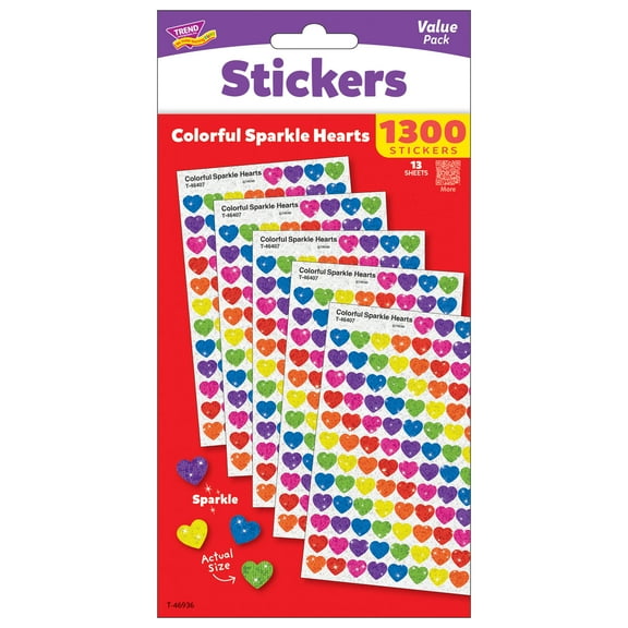TREND: SuperShapes: Sparkle Hearts - 1300ct Sticker Value Pack, 13 Sheets, Classic Mini Hearts In 7 Bright Colors, Sized For Charts-Crafts-Reward