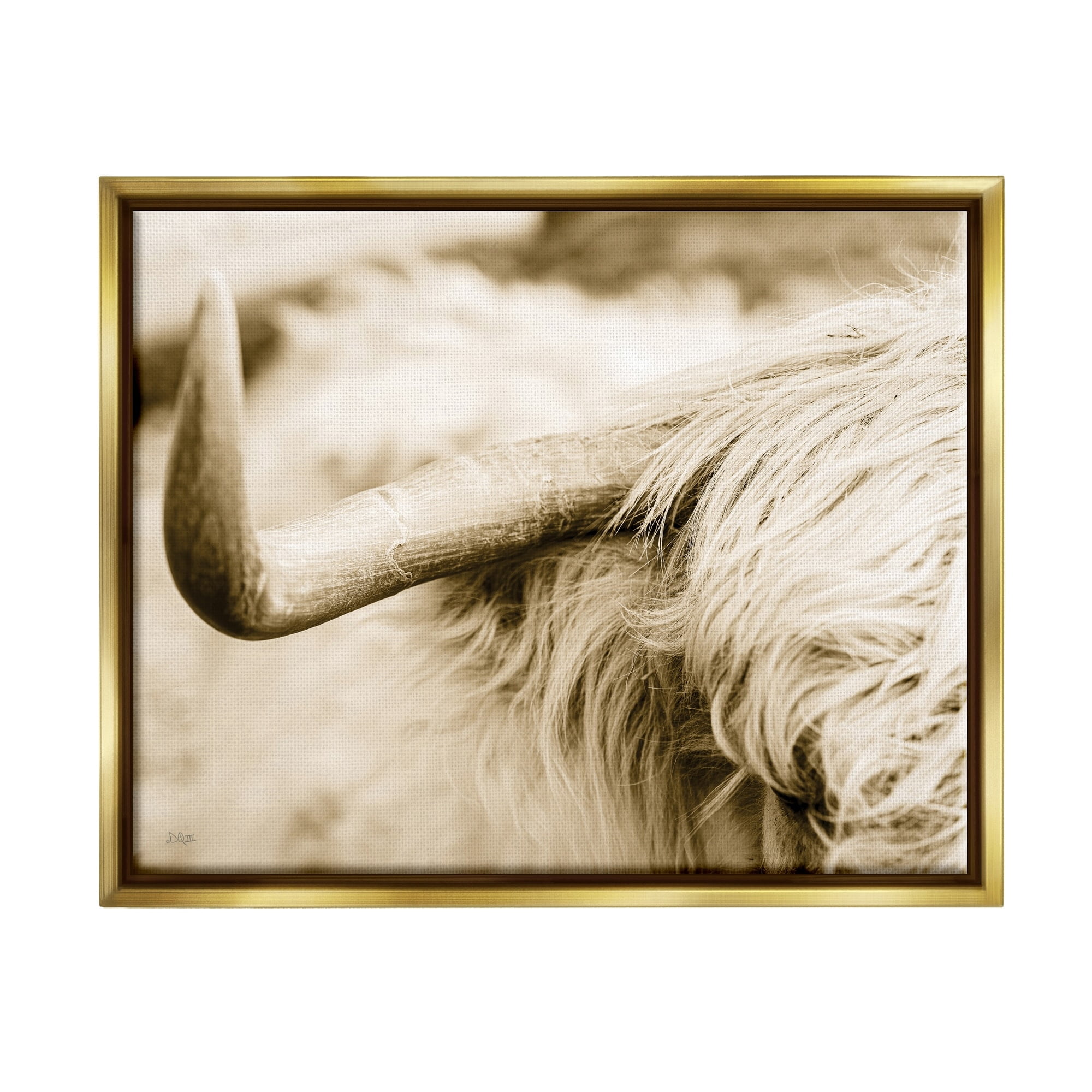 Stupell Industries Beautiful Longhorn Highland Cattle Horn Sepia Photography Photograph Metallic Gold Floating Framed Canvas Print Wall Art, Design by Donnie Quillen
