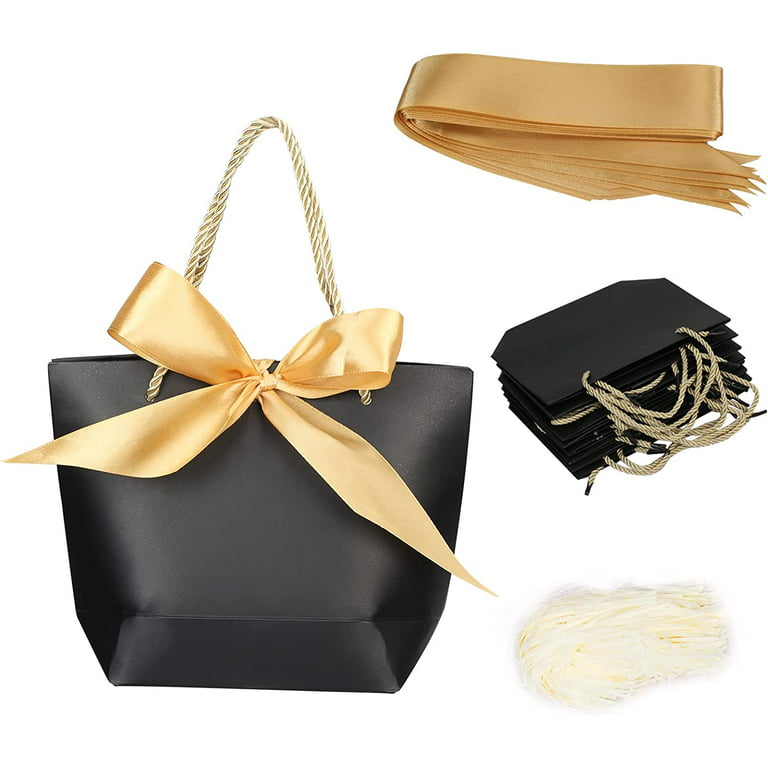 TAZEMAT 10Pcs Christmas Kraft Paper Bags with Handle Black Gift Bag with  Ribbons Kraft Gift Bag with Yellow Raffia Paper for Christmas Party Wedding  