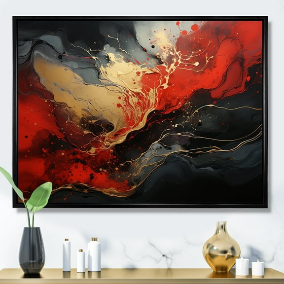 Designart "Marble Volcano Fiery Red and Gold II" Abstract Framed Wall Art - Modern Red Abstract Painting Living Room Framed Canvas Art